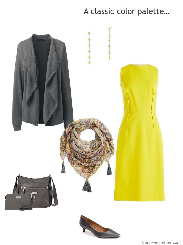 7. yellow dress with grey accessories