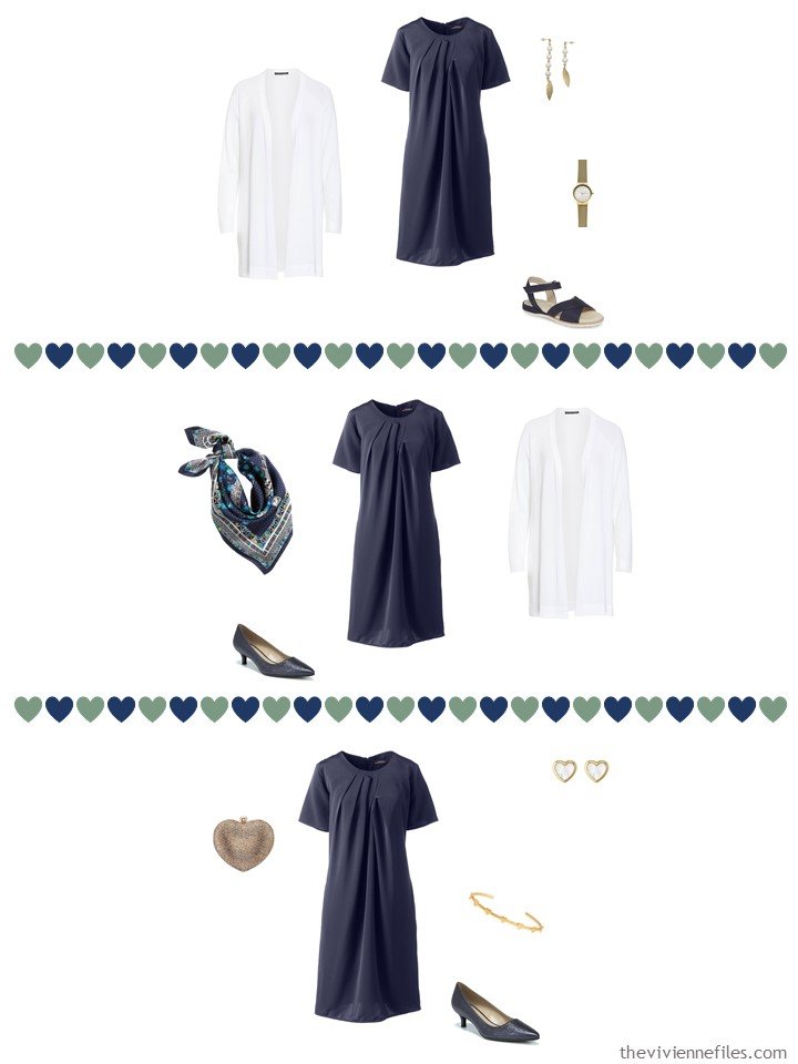 8. 3 ways to wear a navy dress from a travel capsule wardrobe
