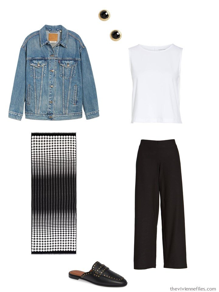 8. black pants and white top with a denim jacket