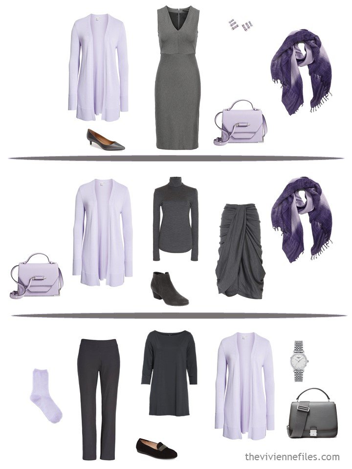 8. wearing lavender accents in a grey wardrobe