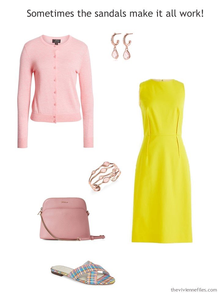 8. yellow dress with pink accessories