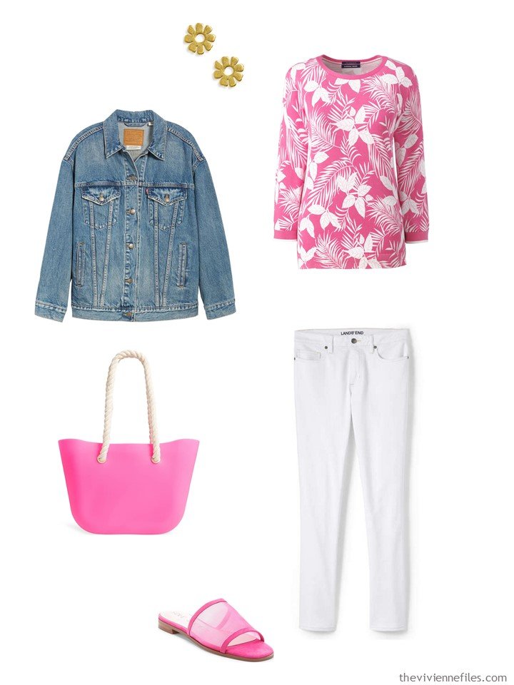 9. floral sweater and white pants with a denim jacket