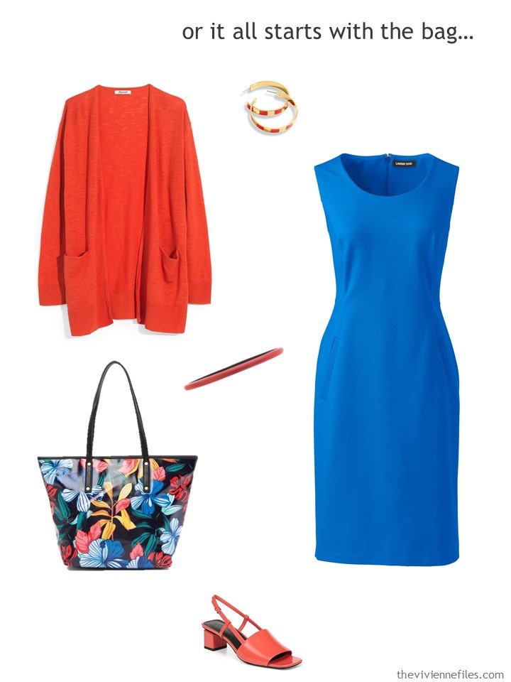 9. royal blue dress with orange accessories