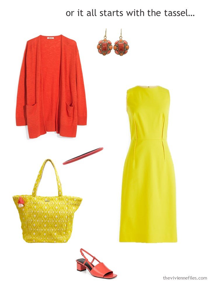 9. yellow dress with bright coral accessories