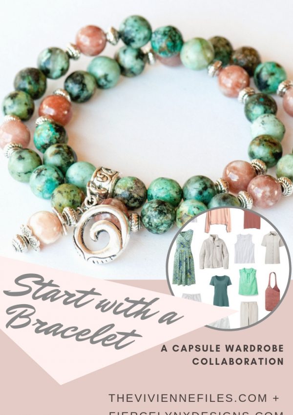 How to build a capsule wardrobe around a bracelet - natural gemstone bracelet in African Turquoise and Cherry Blossom Jasper with coordinating summer capsule wardrobe.