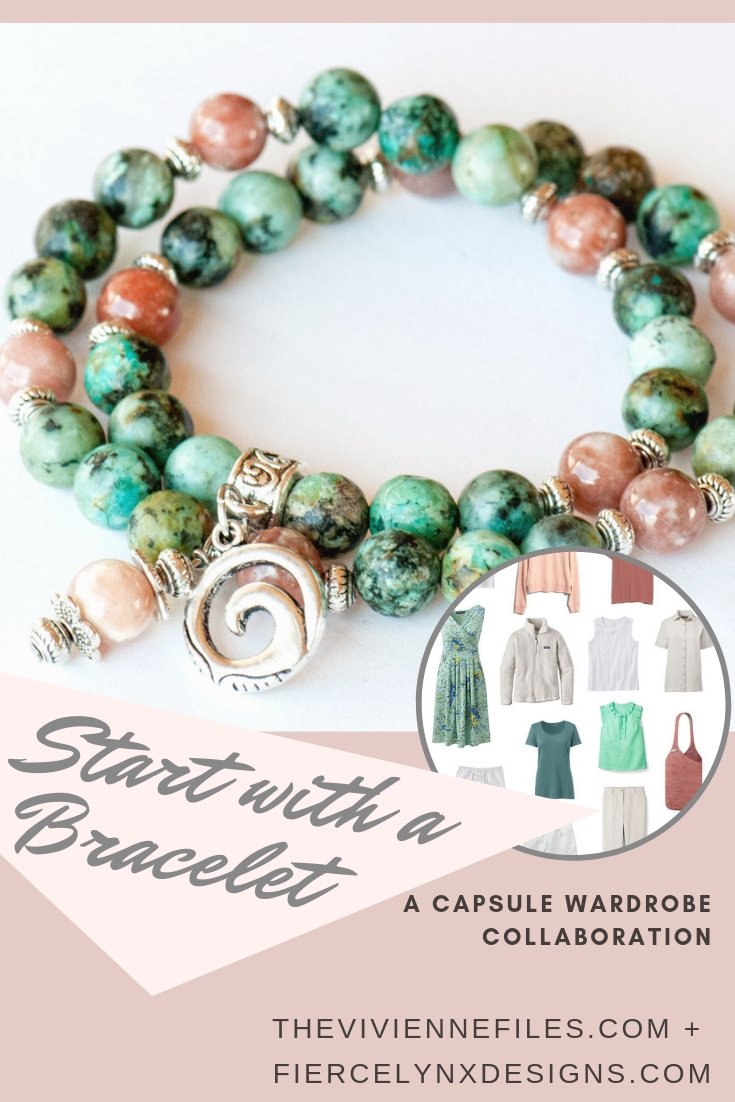 How to build a capsule wardrobe around a bracelet - natural gemstone bracelet in African Turquoise and Cherry Blossom Jasper with coordinating summer capsule wardrobe.
