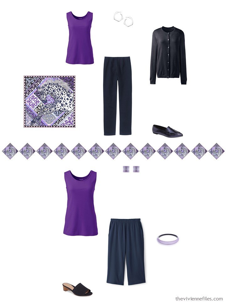 11. 2 ways to wear a purple tank top from a travel capsule wardrobe