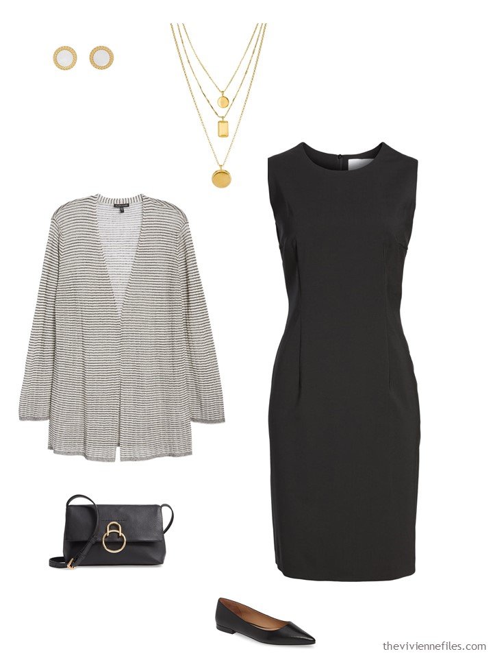 11. ivory and black cardigan with a black dress