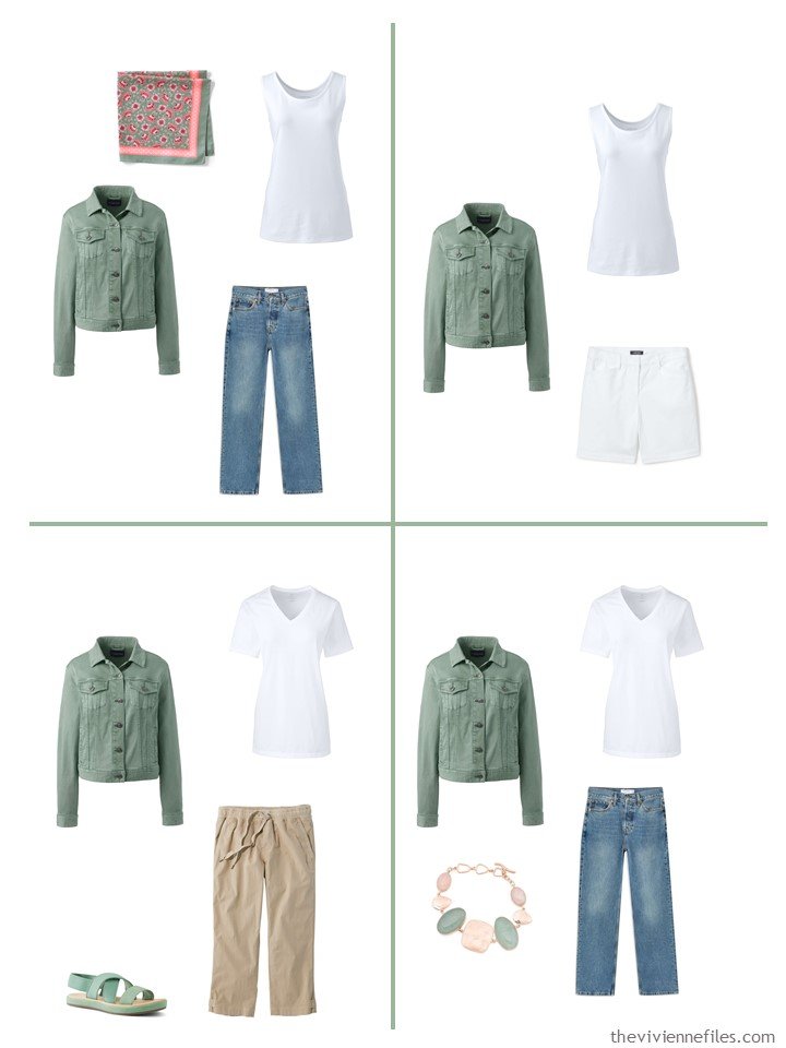 13. 4 outfits including a hedge green denim jacket