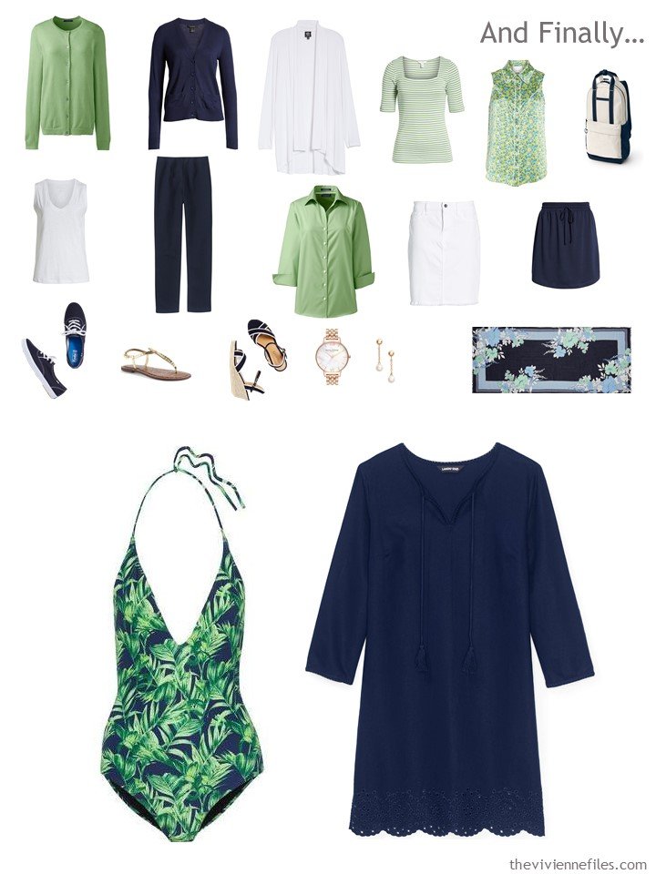 13. adding a swimsuit and coverup to a navy and green travel capsule wardrobe