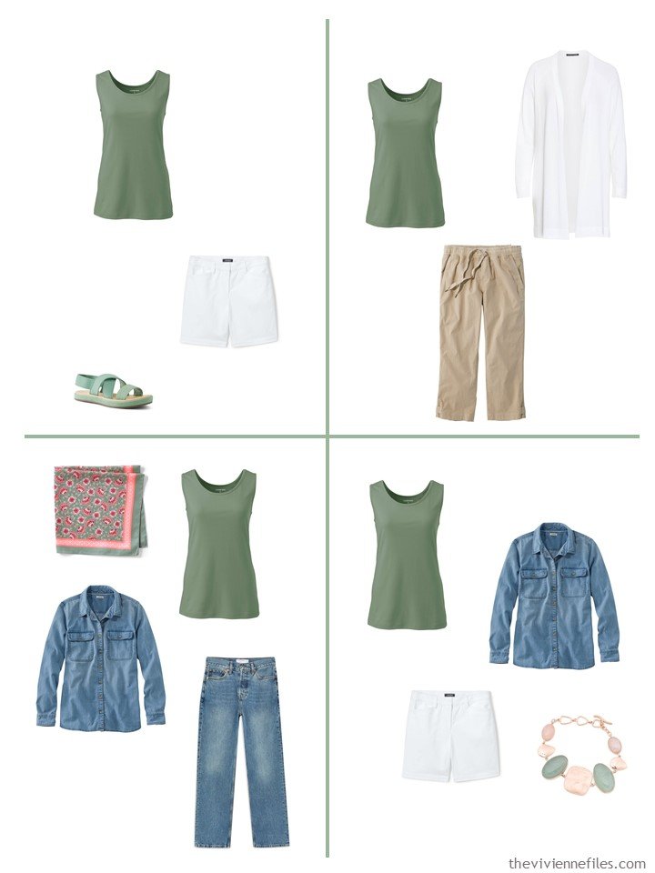 14. 4 outfits including a hedge green sleeveless top