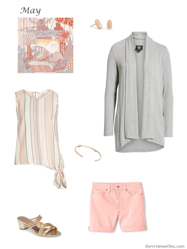 14. grey cardigan, striped top and blush shorts