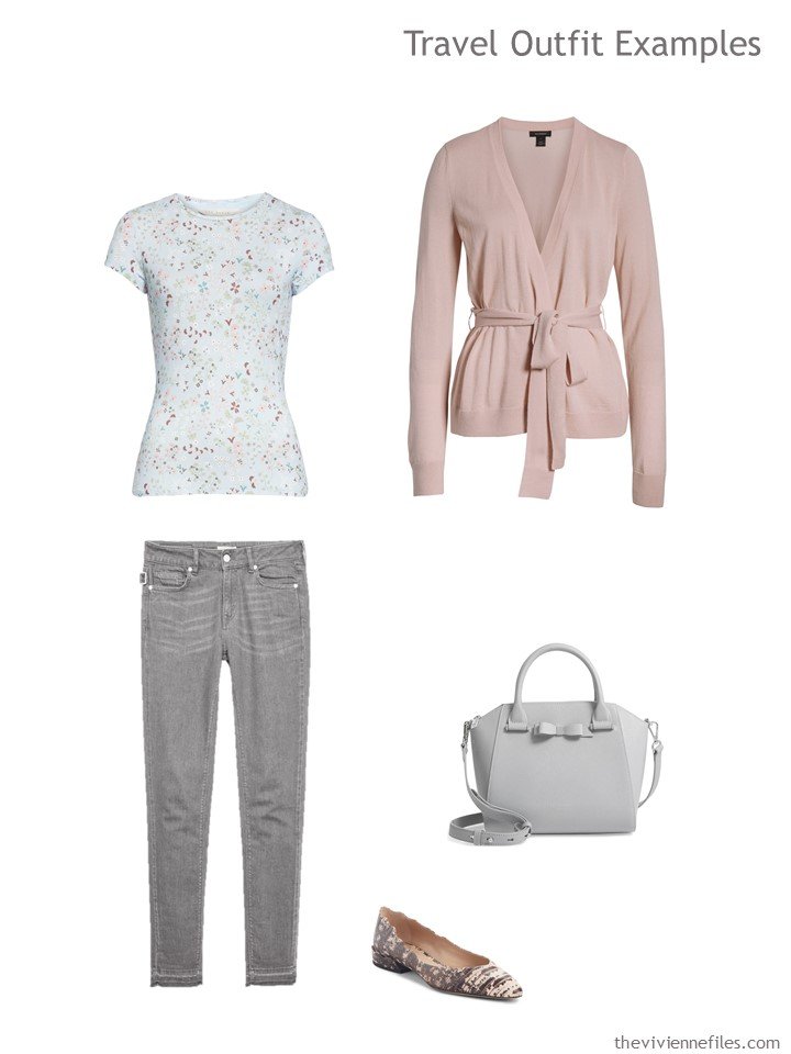 14. travel outfit in pink and grey