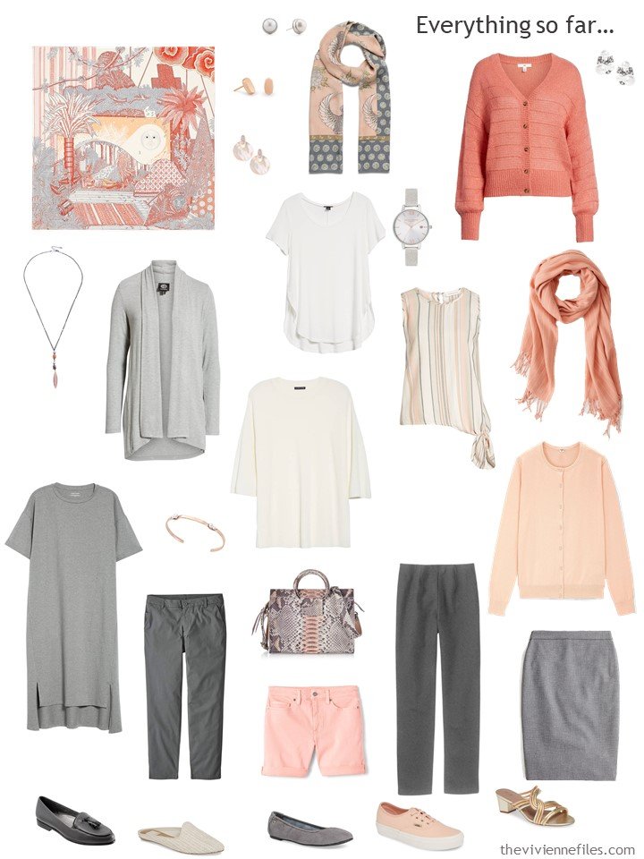 15. travel capsule wardrobe in shades of grey, ivory and peach