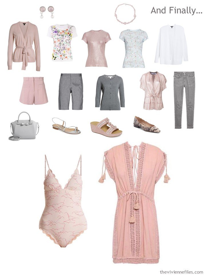 17. adding a swimsuit and coverup to a pink, grey and white travel capsule wardrobe