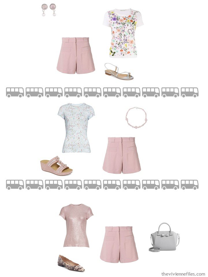 18. 3 ways to wear blush shorts from a travel capsule wardrobe