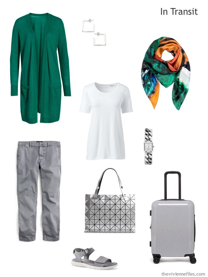 2. grey, green and white travel outfit