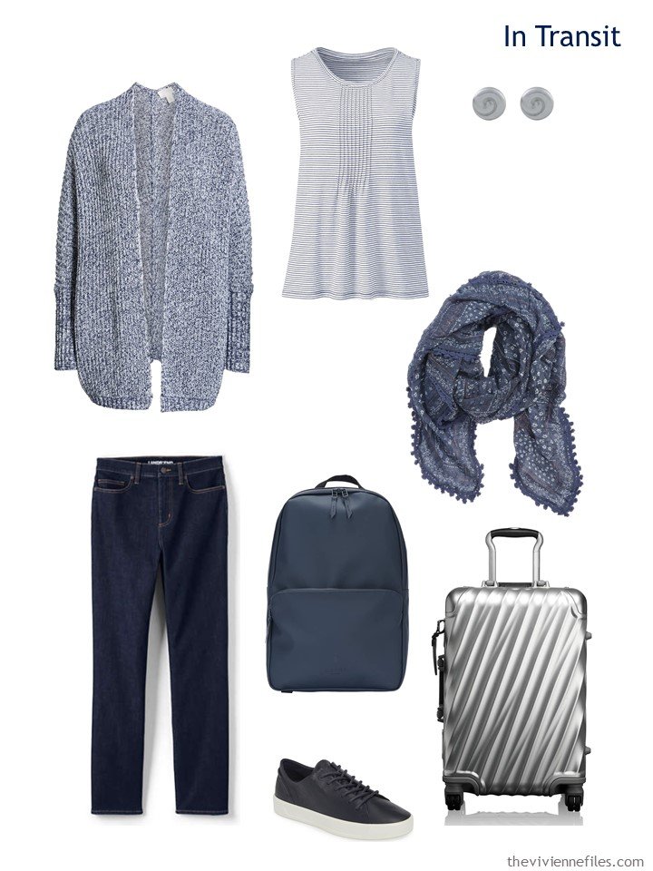 2. travel outfit in navy and white for spring