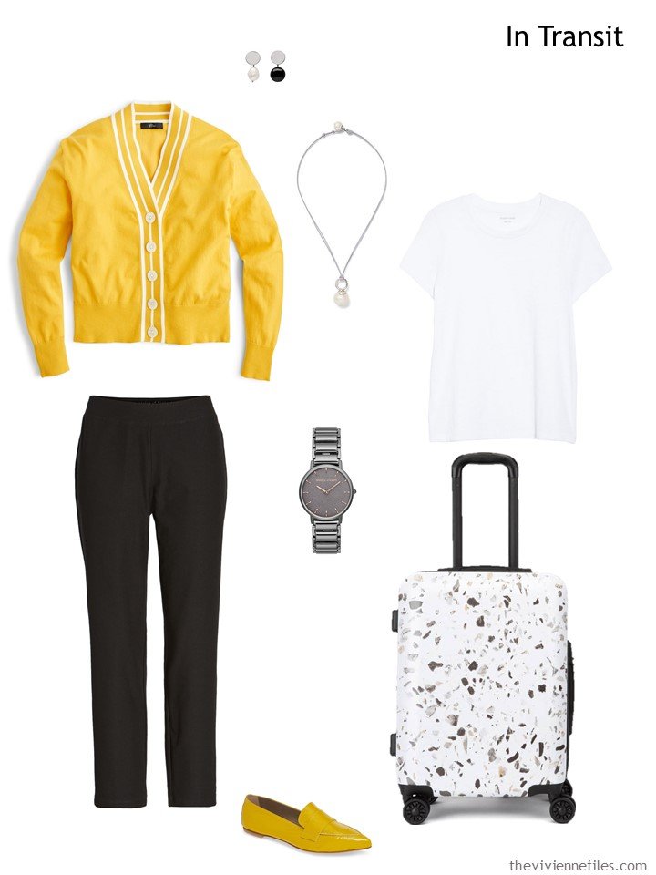 2. travel outfit in yellow, black and white