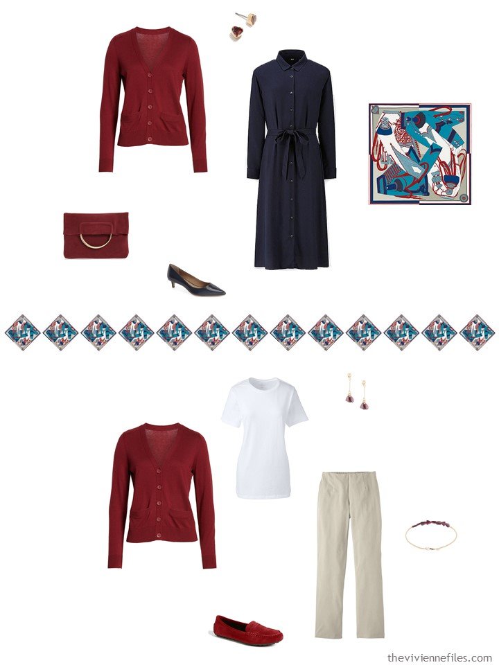 22. 2 ways to wear a red cardigan from a travel capsule wardrobe