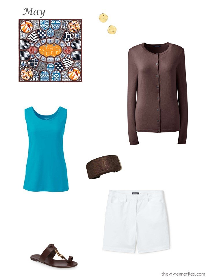 26. brown cardigan, turquoise tank top and white shorts