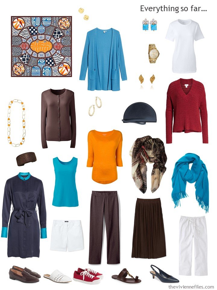 27. travel capsule wardrobe in navy, brown, turquoise, orange and white