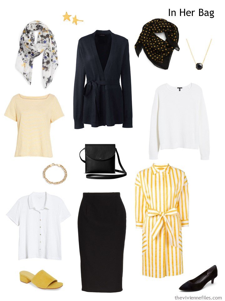 3. Six-pack travel capsule wardrobe in black, white and yellow