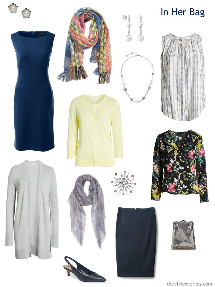 3. Travel capsule wardrobe in navy, grey, yellow and white