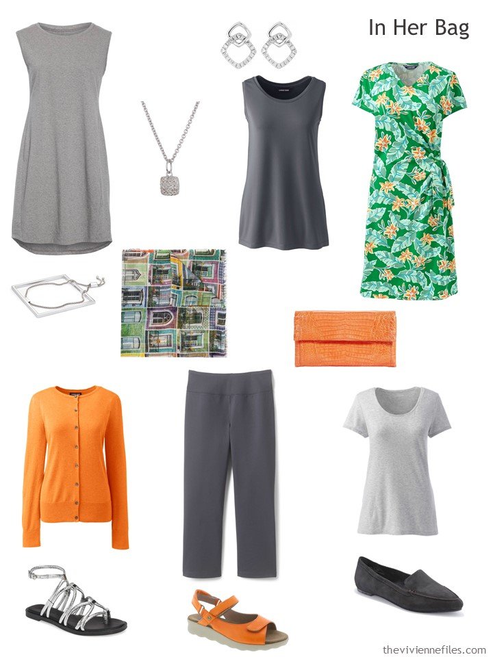 3. grey, orange and green Six Pack travel capsule wardrobe