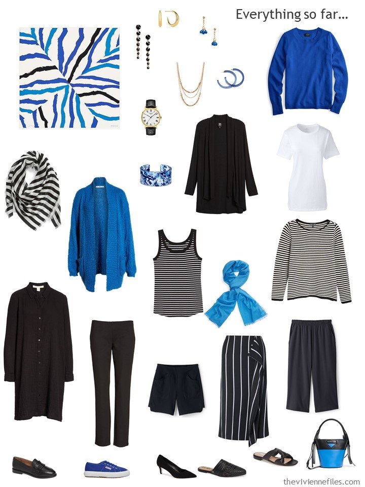 3. travel capsule wardrobe in black, white and shades of blue