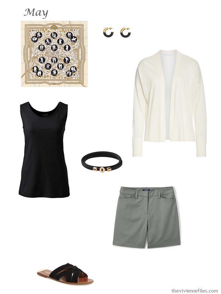 32. ivory cardigan, black tank top and green shorts