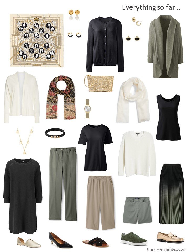 33. travel capsule wardrobe in beige, black, green and white