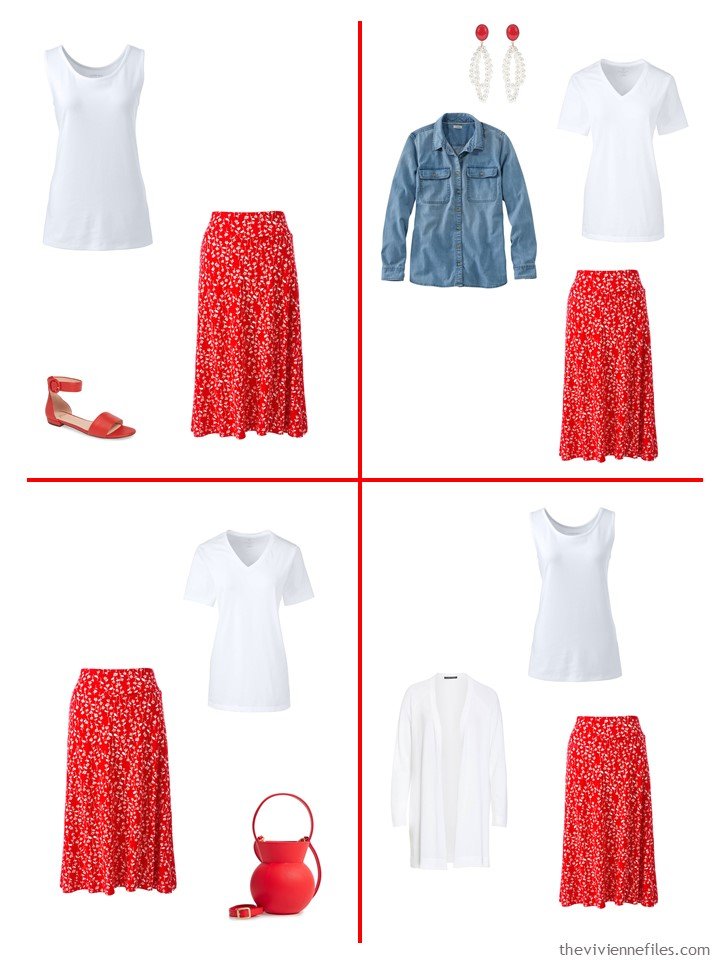 4. 4 outfits using a bright cherry skirt