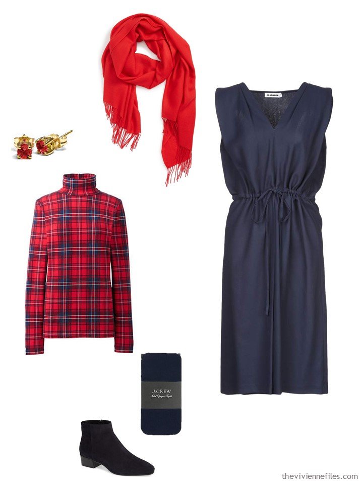 4. a plaid turtleneck with a navy dress