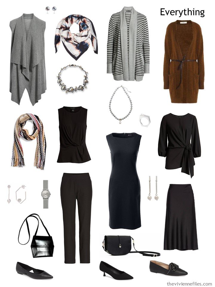 4. black, grey and brown travel capsule wardrobe