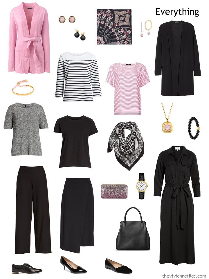 4. travel capsule wardrobe in black, pink and white