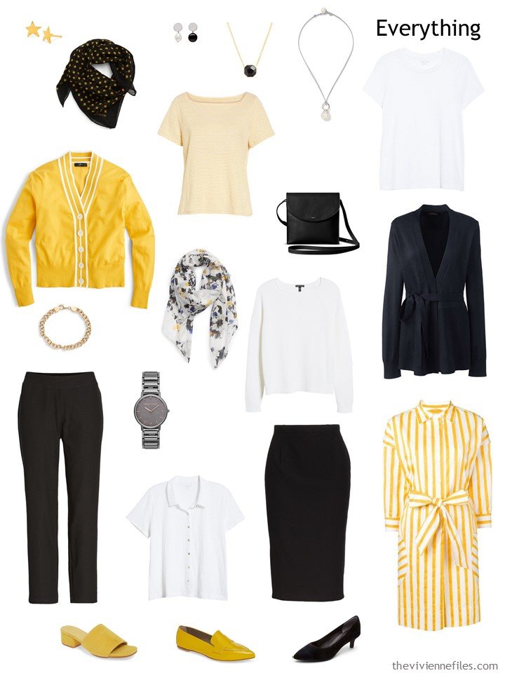 4. travel capsule wardrobe in black, white and yellow