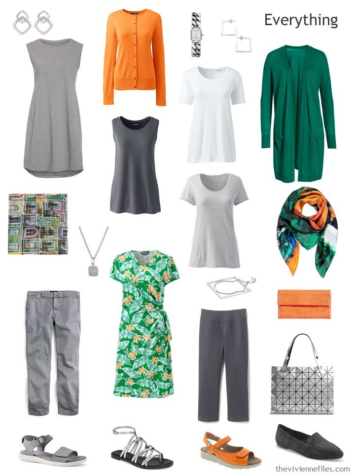 4. travel capsule wardrobe in grey, green and orange