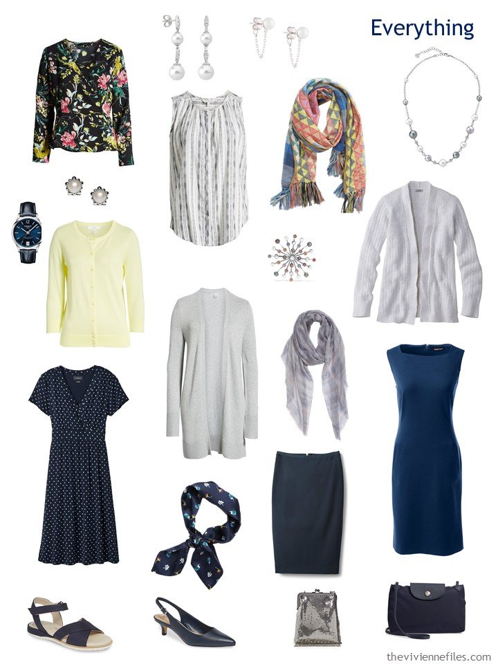 4. travel capsule wardrobe in navy, grey, yellow and white