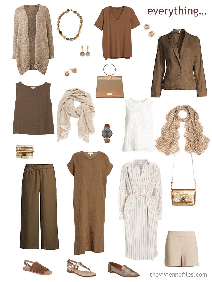 4. warm weather travel capsule wardrobe in brown, shades of beige, and ivory