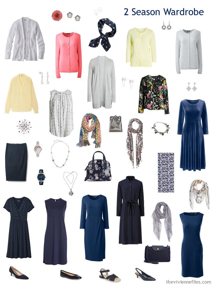 5. 2-season travel wardrobe in navy, grey, yellow, pink and white