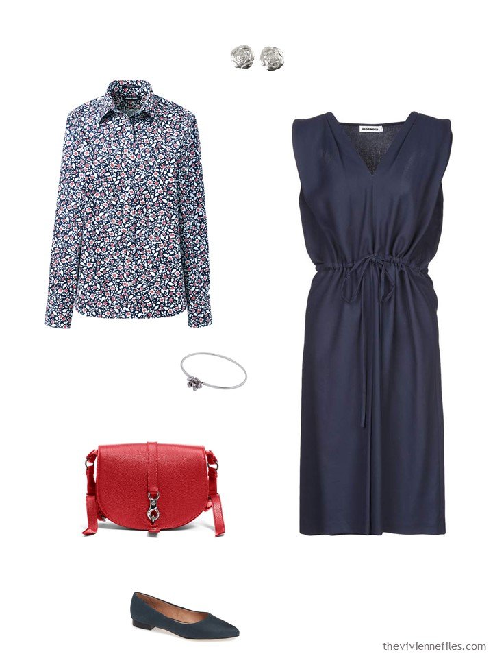 5. a floral shirt with a navy dress