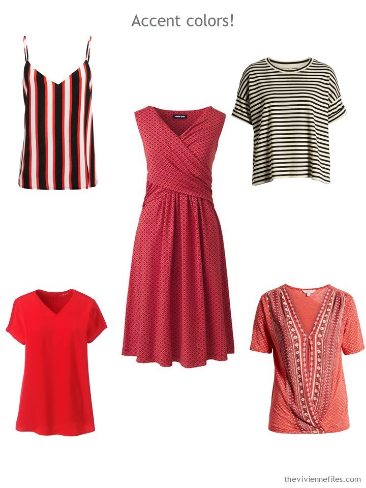 6. 5 accent garments in red, beige and black