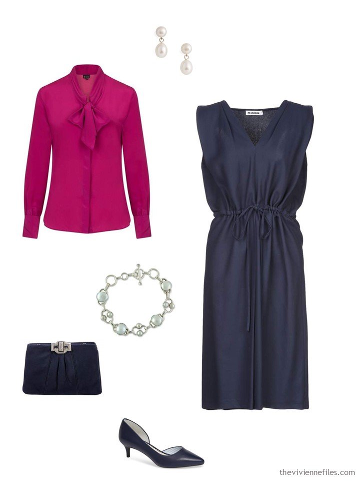 6. a fuschia blouse with a navy dress