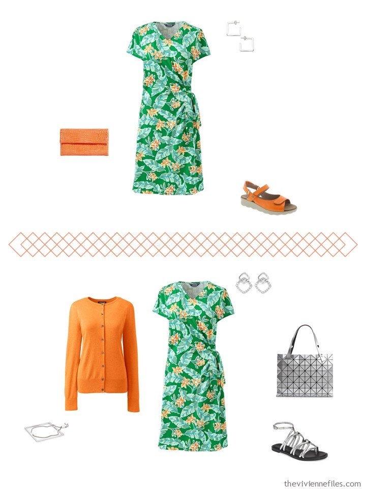 7. 2 ways to wear a green print dress from a travel capsule wardrobe