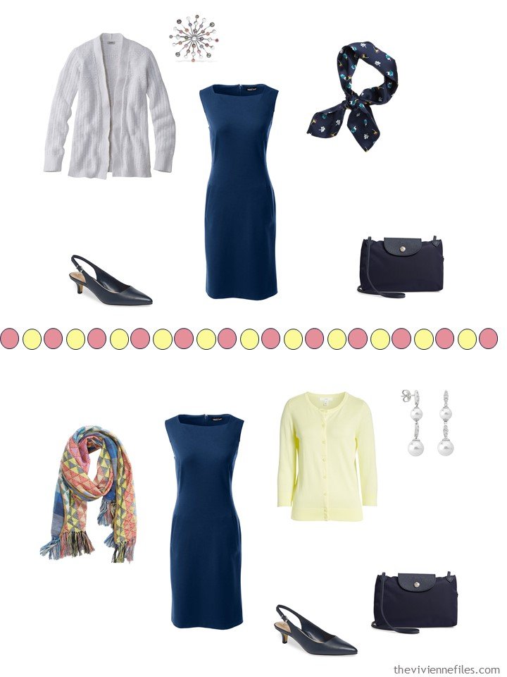 7. 2 ways to wear a navy dress from a travel capsule wardrobe