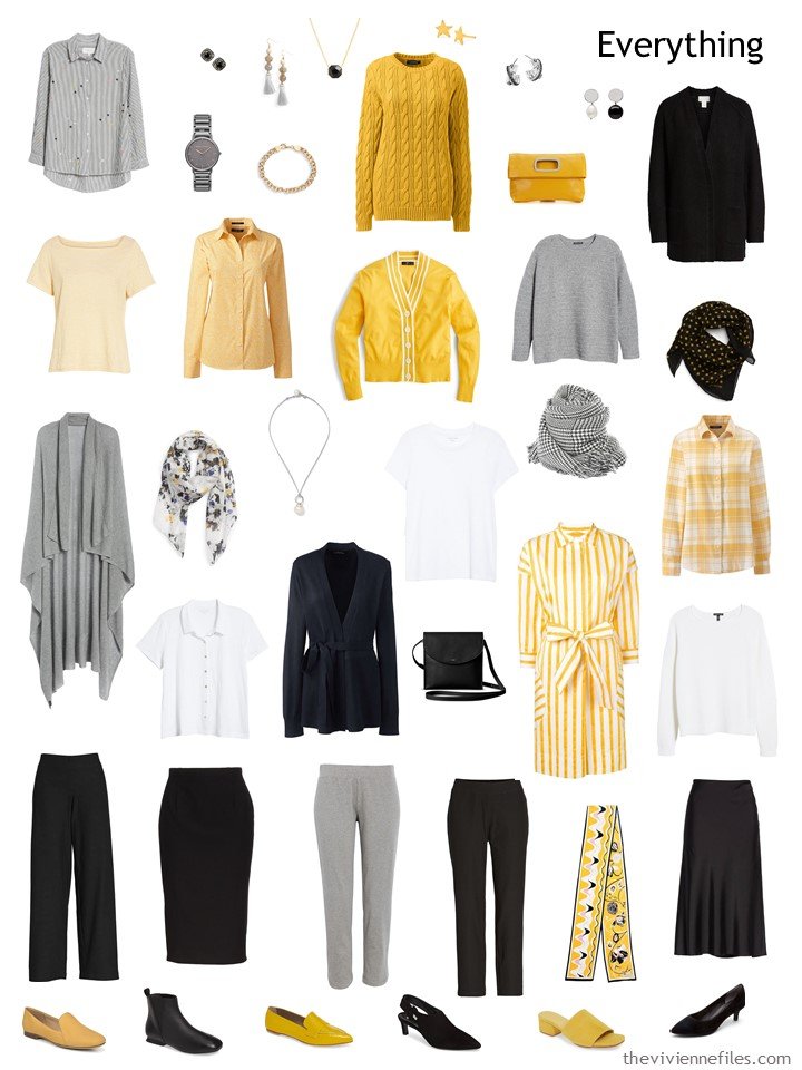 8. 2 season capsule wardrobe in black, grey, yellow and white