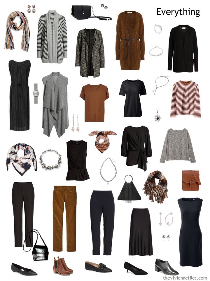 8. 2 season travel capsule wardrobe in black, grey and brown