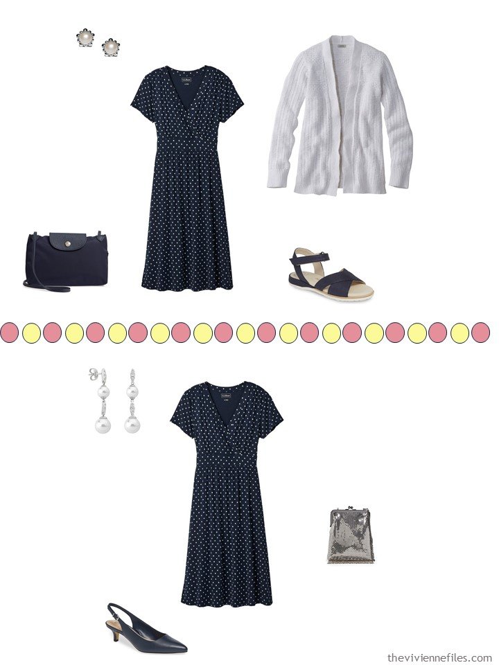 8. 2 ways to wear a navy dotted dress from a travel capsule wardrobe