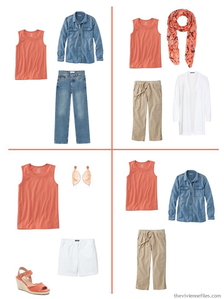 8. 4 outfits using a russet orange sleeveless top